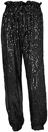 Calça de lantejagem de lantejoulas femininas calça palazzo de calça de lápis largura de perna largo
