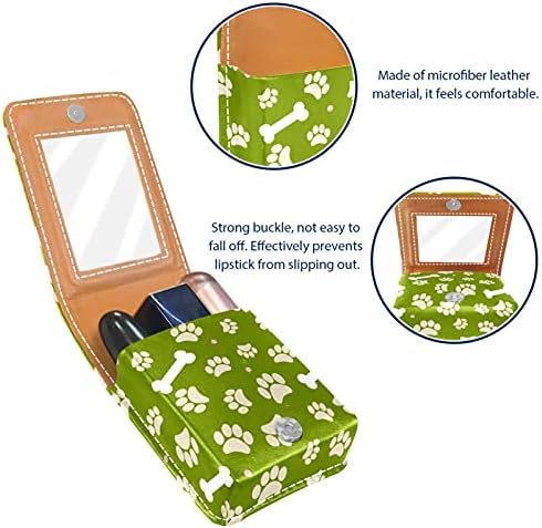 Pegadas de animais case verde pequeno batom com espelho para bolsa, suporte de maquiagem cosmética de couro durável, kit de armazenamento de cosméticos portátil de viagem portátil