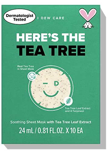 I Dew Care Tea Tree Sheet Mask - aqui está a árvore do chá | Conjunto de máscara facial calmante + hidrocolóide acne pimple patch - timeout manchando pacote de patas felizes