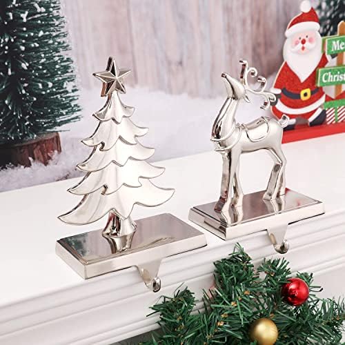Conjunto de 2 árvores Christmas Stocker Titular para renas de manto Conjunto de estocagem- ganchos de meia de prata de metal para