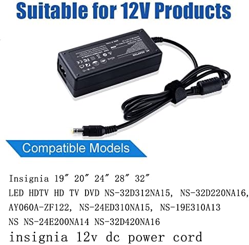 12V Ac Dc Adapter Power Cord for Insignia 19 20 24 28 32 LED HDTV HD TV NS-32D312NA15, NS-32D220NA16, AY060A-ZF122, NS-24ED310NA15,