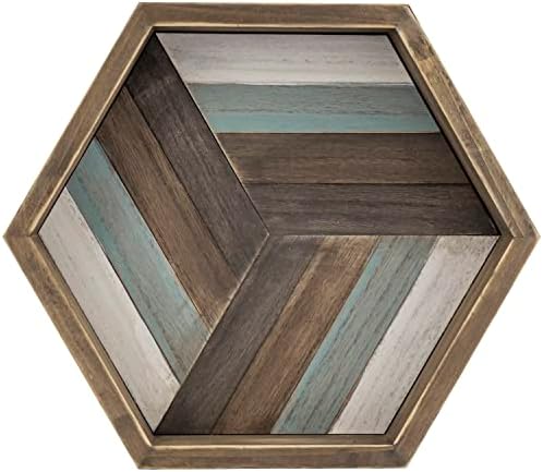 Mygift Rustic Burnt Wood Hexagonal Serving Bandey com listras multicoloridas - Base decorativa em forma de hexagon para exibição de mesa, otomana ou vaidade