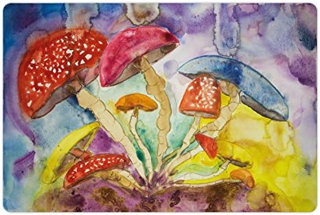 Ambesonne Psychedelic Pet Tapete Para comida e água, estilo de aquarela Cogumelos Dreamy Grongy Style Florest Theme, retângulo de borracha sem deslizamento para cães e gatos, multicolor