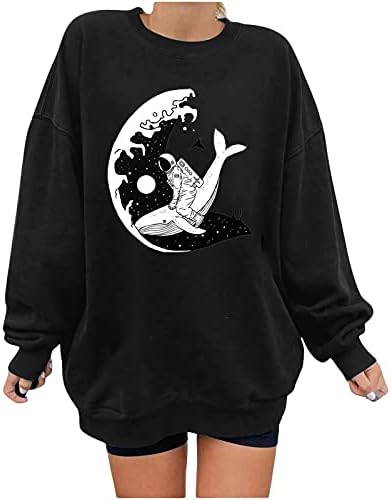 Sorto para mulheres para mulheres - Pullover estampado com os oceanos Tops de pullover casual Molas de tamanho longo de