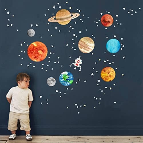 Adesivos de parede do sistema solar para crianças, adesivo de parede espacial do universo, decalque de parede do planeta de tamanho grande, decoração de parede espacial para a sala de aula de sala de aula na sala de aula de berçário de aniversário ideia de presente