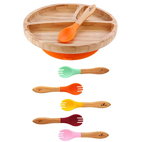 Avanchy Bamboo Toddler Plate + Baby Training Forks. O fundo de sucção forte se encaixa na maioria das cadeiras altas.