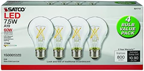 Satco Lightbulbs S21713; Lâmpadas de filamentos de LED; 7,5 watt; A19 LED; Claro; 2700k; Base média; 120 volts; Pacote 4 para uso em