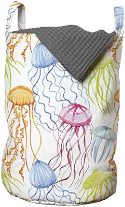 Bolsa de lavanderia de água -viva de Ambesonne Aqua, design de aquarela inspirado em criaturas náuticas organismos do mar vivo, cesta