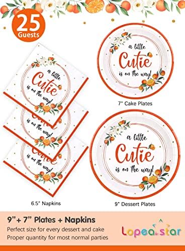 Little Cutie Baby Shower Decorations Placas e guardanapos definidos para 25 hóspedes, cartolina laranja A Litte Cutie