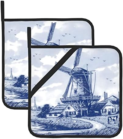Nederland fofo vintage holandês moinho de vento Delft Blue Pot Pot Sets, pau -folhas resistentes ao calor da cozinha para cozinhar