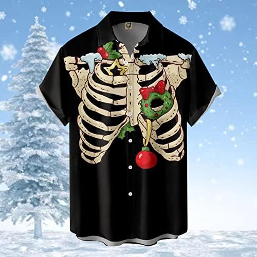 Mens Natal Santa 3D Botão de impressão digital LAPEL Camisa de manga curta Top Top Work Out Camisa de manga comprida