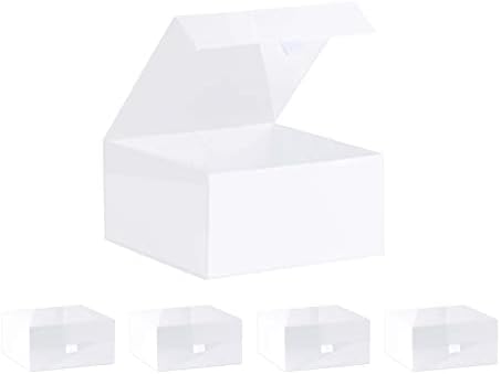 Purple Q Crafts 5 Pacote Caixa de presente dura branca com tampa de fechamento magnético 8 x8 x4 caixas quadradas de favor com acabamento brilhante branco