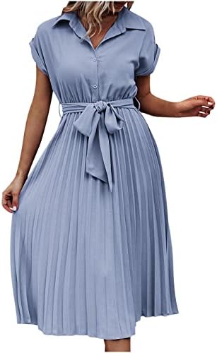 Vestidos plissados ​​elegantes femininos botão em Vido Midi Casual Summer Summer Midi Dress Dress