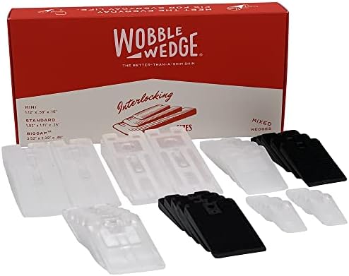 Wobble Wedges ShopShim Kit - Feito nos EUA, pacote de variedades de 34 peças com calços rígidos e flexíveis, BigGap e mini cunhas - Pés de nivelamento de plástico, calçada para móveis, banheiro, melhoria da casa e trabalho