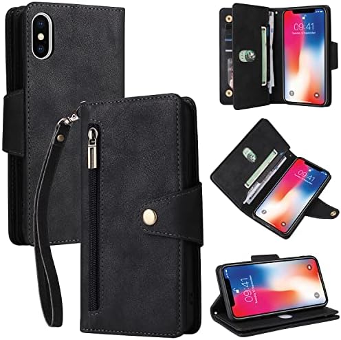 LBYZCase iPhone XR Case, iPhone XR Wallet Case, Luxo Durável Luxo Folio Flip Leather [bolso do zíper] [porta -cartas] [pulseira