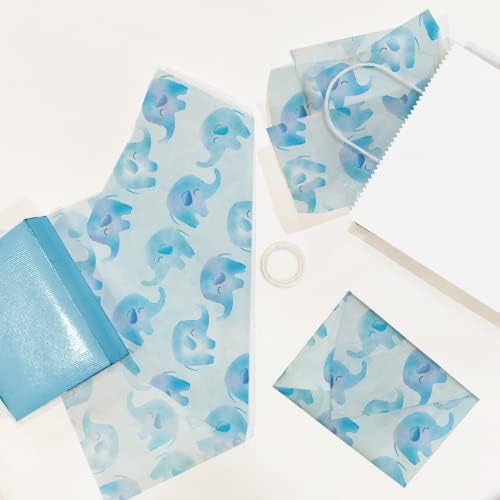 Papel de seda impressa - tecido decorativo para decoupage - papel de lenço de chá de bebê - papel de seda de elefante azul | 24 folhas