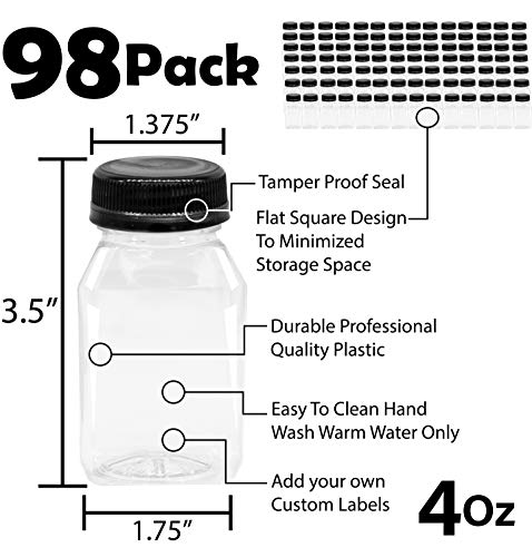 4 oz de garrafas de suco de plástico vazias com tampas pretas 98 pacote a granel Pequeno leite com leite de calda
