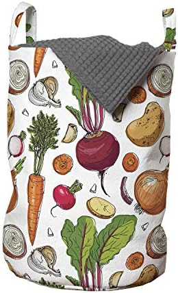 Bolsa de lavanderia de vegetais de Ambesonne, padrão contínuo de ilustração de alimentos saborosos e saborosos pintados e esboçados, cesto de cesto com alças fechamento de cordão para lavanderias, 13 x 19, multicolor