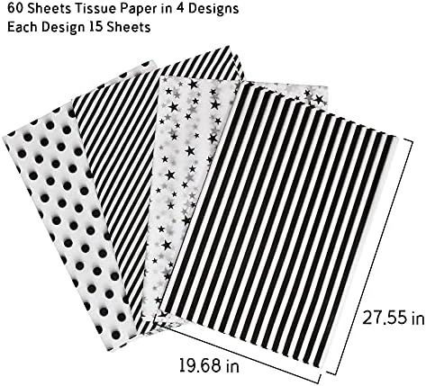 MR Five 60 lençóis de papel de lenço branco e preto Bulk, 20 x 28, 4 estilos papel de seda para embrulho de presente,